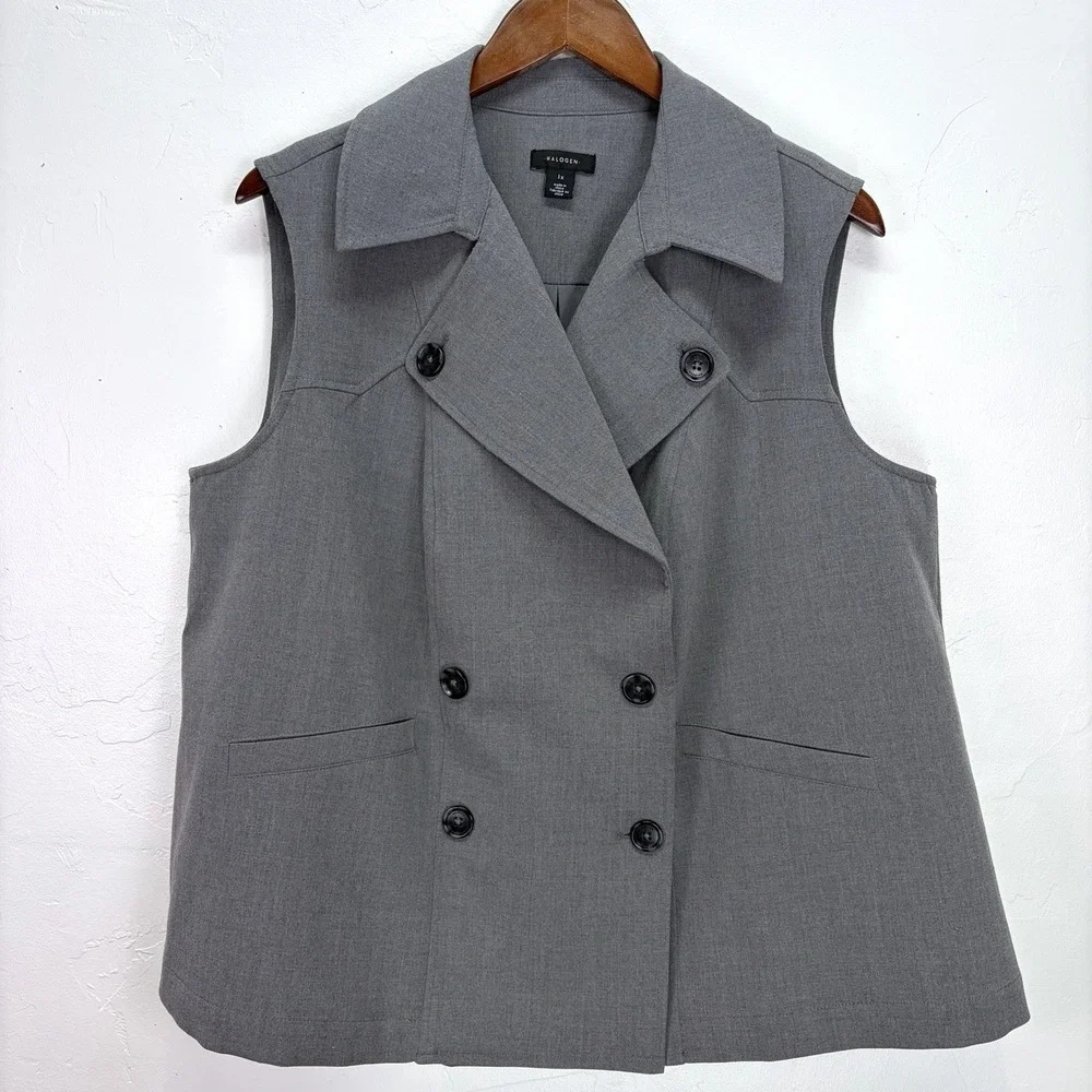 Halogen Double Breasted Woman's Trench Vest Size 1X Gray Classy Classic‎ Staple